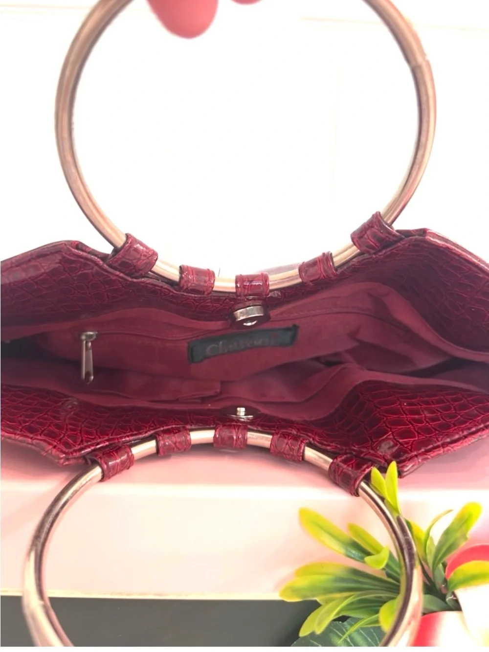 CHATEAU ~ Wine-Colored Croc Embossed Bag Silver Circular Handle Date Night